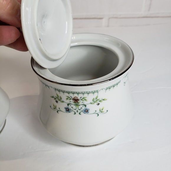 Vtg Cotillion Juliet White with Silver Green Dainty Floral Sugar & Creamer Set - Picture 6 of 11